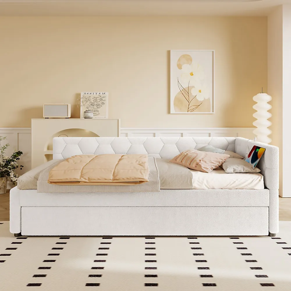 Lit gigogne 90x200 cm avec lit tiroir, lampe intégrée, ports USB et Type-C - 2 couchages gain de place - blanc imitation laine>Okwish Discount