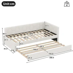 Lit gigogne 90x200 cm avec lit tiroir, lampe intégrée, ports USB et Type-C - 2 couchages gain de place - blanc imitation laine><noscript><img width=