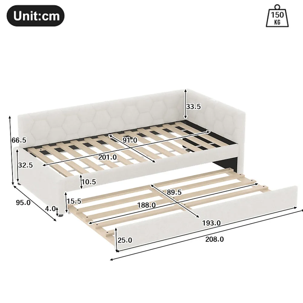 Lit gigogne 90x200 cm avec lit tiroir, lampe intégrée, ports USB et Type-C - 2 couchages gain de place - blanc imitation laine>Okwish Discount