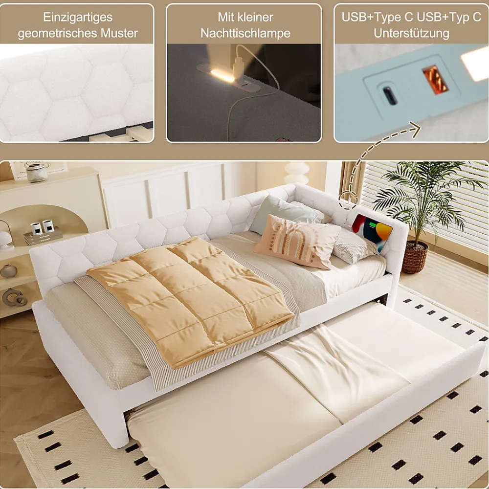 Lit gigogne 90x200 cm avec lit tiroir, lampe intégrée, ports USB et Type-C - 2 couchages gain de place - blanc imitation laine>Okwish Discount