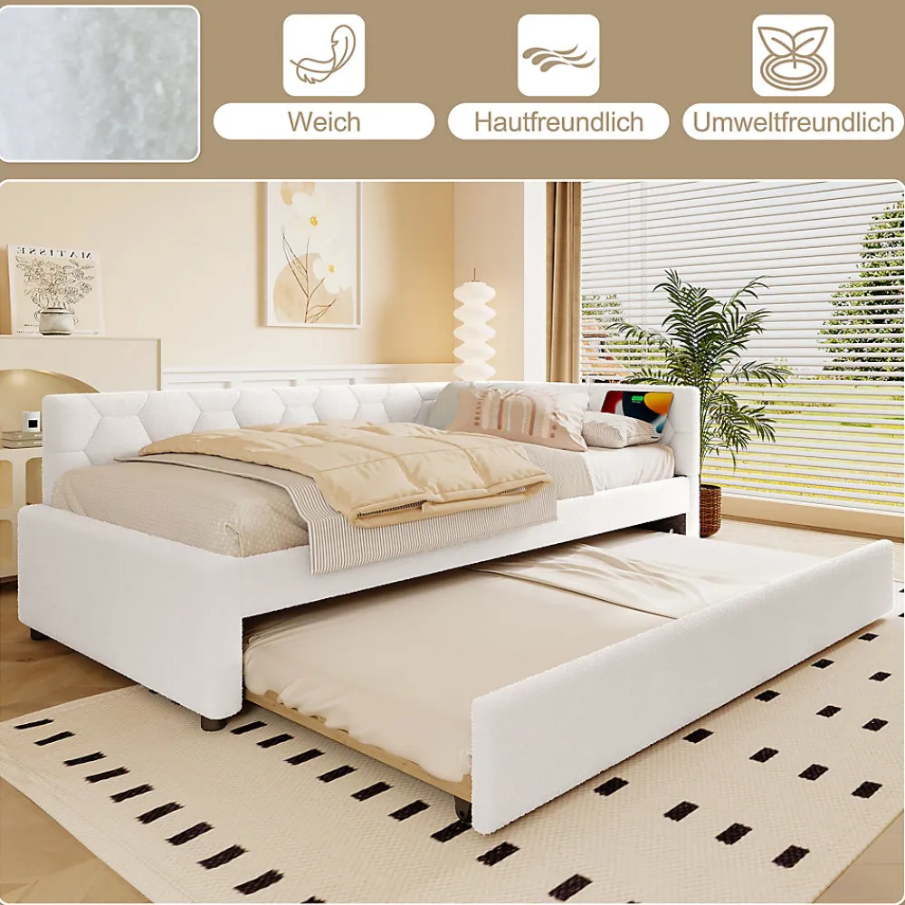Lit gigogne 90x200 cm avec lit tiroir, lampe intégrée, ports USB et Type-C - 2 couchages gain de place - blanc imitation laine>Okwish Discount