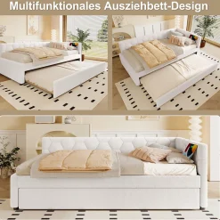 Lit gigogne 90x200 cm avec lit tiroir, lampe intégrée, ports USB et Type-C - 2 couchages gain de place - blanc imitation laine><noscript><img width=