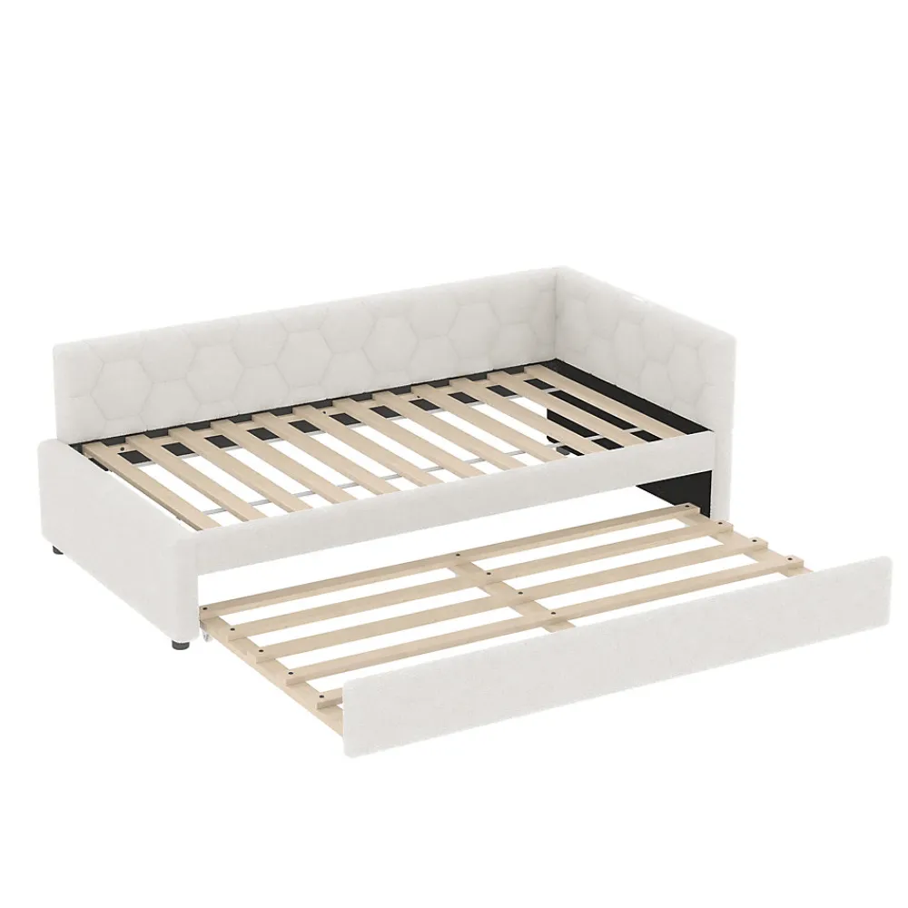 Lit gigogne 90x200 cm avec lit tiroir, lampe intégrée, ports USB et Type-C - 2 couchages gain de place - blanc imitation laine>Okwish Discount