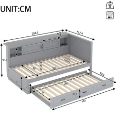 Lit gigogne 90x200 cm avec rangement latéral, LED télécommande et ports USB - sommier inclus - sans matelas - gris><noscript><img width=