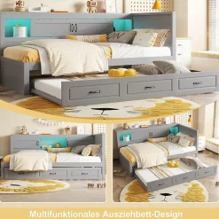 Lit gigogne 90x200 cm avec rangement latéral, LED télécommande et ports USB - sommier inclus - sans matelas - gris><noscript><img width=