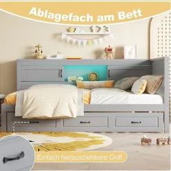 Lit gigogne 90x200 cm avec rangement latéral, LED télécommande et ports USB - sommier inclus - sans matelas - gris><noscript><img width=