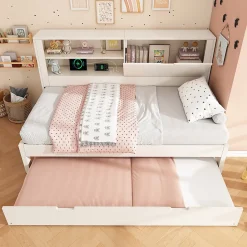 Lit Gigogne 90x190/200 cm avec Rangement, Compartiment Ouvert et Ports USB/USB-C, MDF/Contreplaqué/Panneaux de Particules, Blanc>Okwish Hot