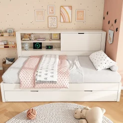Lit Gigogne 90x190/200 cm avec Rangement, Compartiment Ouvert et Ports USB/USB-C, MDF/Contreplaqué/Panneaux de Particules, Blanc><noscript><img data-lazyloaded=