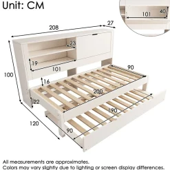 Lit Gigogne 90x190/200 cm avec Rangement, Compartiment Ouvert et Ports USB/USB-C, MDF/Contreplaqué/Panneaux de Particules, Blanc><noscript><img data-lazyloaded=