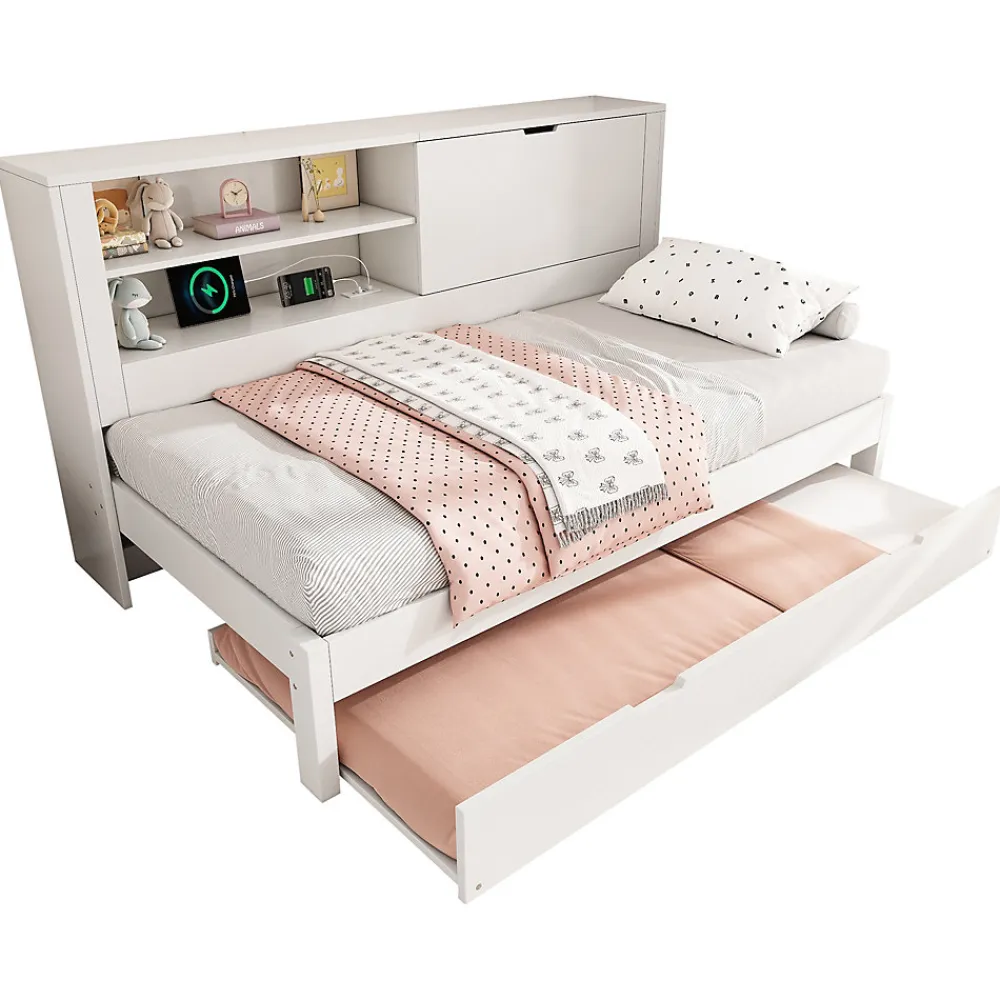Lit Gigogne 90x190/200 cm avec Rangement, Compartiment Ouvert et Ports USB/USB-C, MDF/Contreplaqué/Panneaux de Particules, Blanc>Okwish Hot