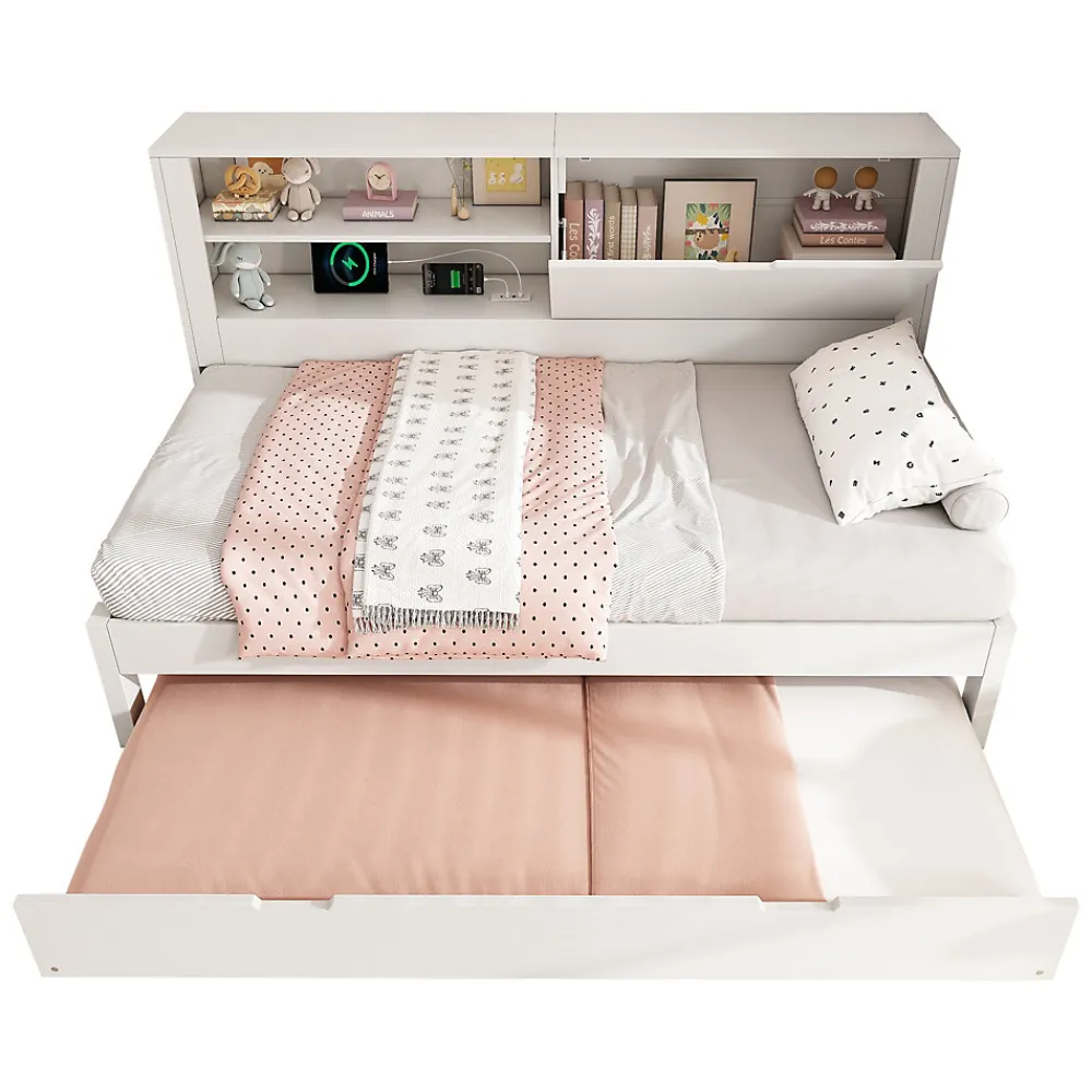 Lit Gigogne 90x190/200 cm avec Rangement, Compartiment Ouvert et Ports USB/USB-C, MDF/Contreplaqué/Panneaux de Particules, Blanc>Okwish Hot