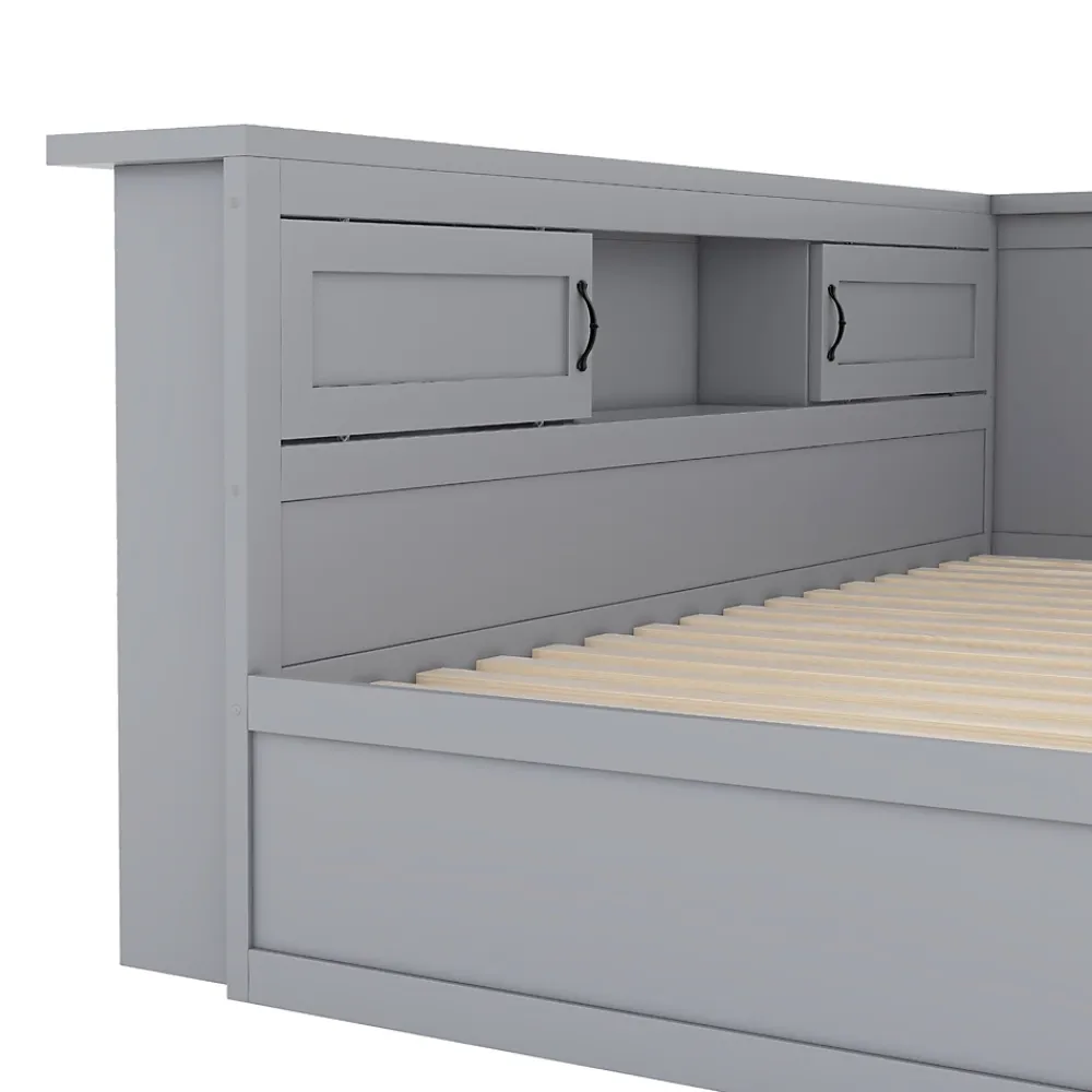 Okwish Lit gigogne 140x200 cm avec rangement latéral, LED télécommande et ports USB - sommier inclus - sans matelas - gris* Lit Gigogne