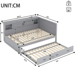 Okwish Lit gigogne 140x200 cm avec rangement latéral, LED télécommande et ports USB - sommier inclus - sans matelas - gris* Lit Gigogne