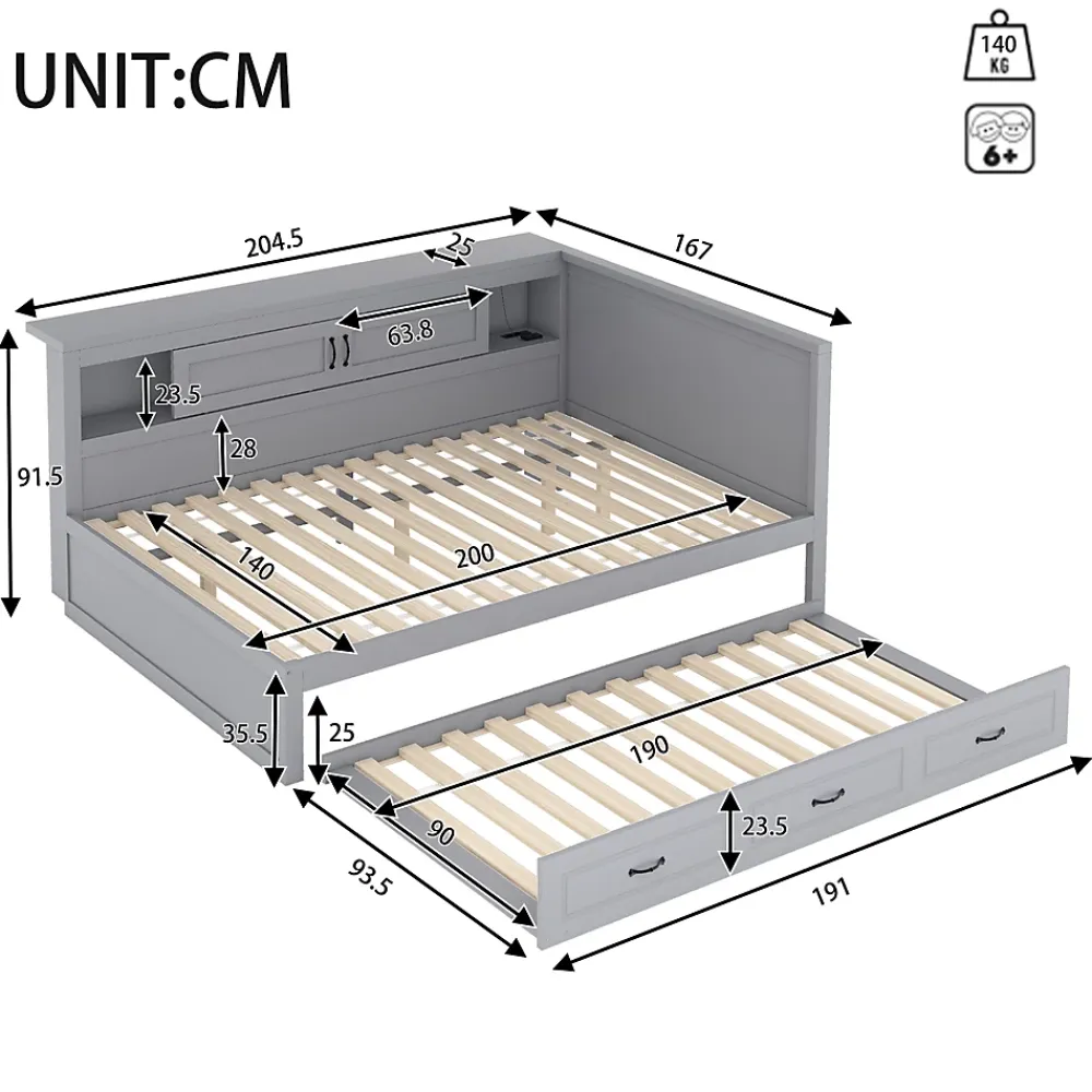 Okwish Lit gigogne 140x200 cm avec rangement latéral, LED télécommande et ports USB - sommier inclus - sans matelas - gris* Lit Gigogne