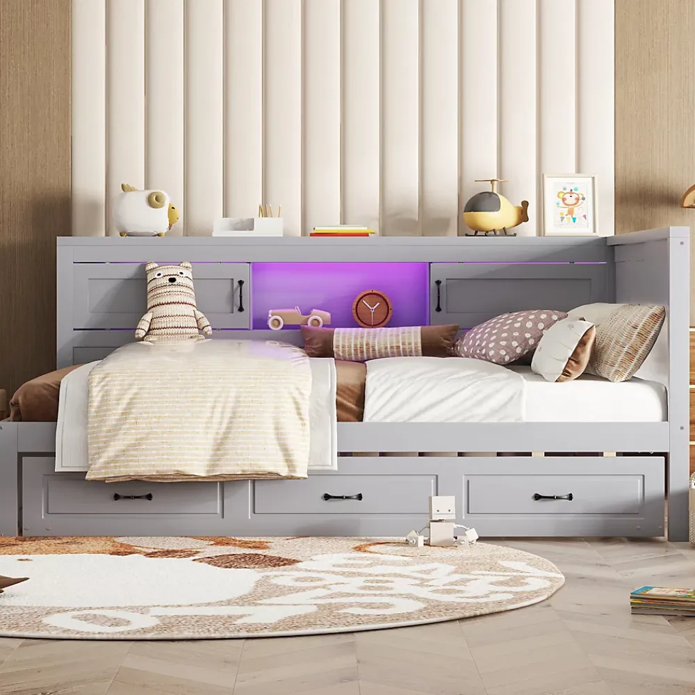 Okwish Lit gigogne 140x200 cm avec rangement latéral, LED télécommande et ports USB - sommier inclus - sans matelas - gris* Lit Gigogne
