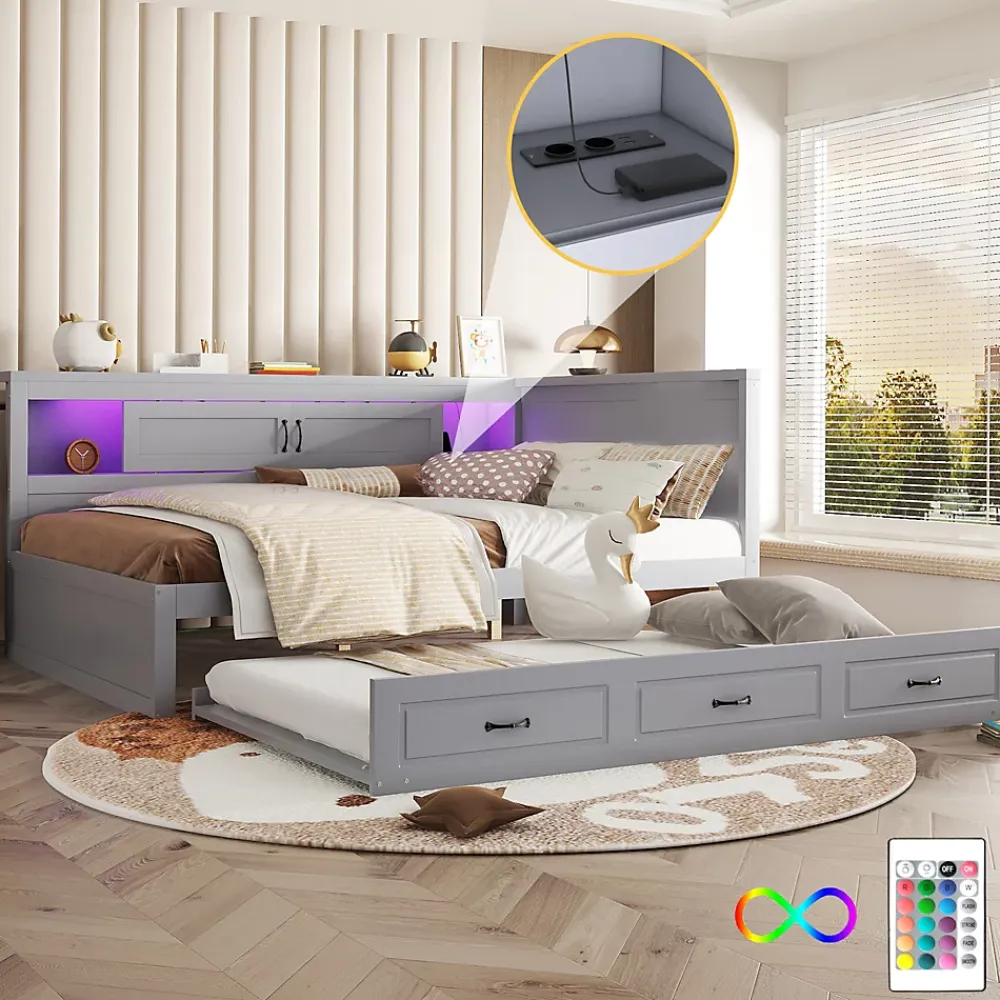 Okwish Lit gigogne 140x200 cm avec rangement latéral, LED télécommande et ports USB - sommier inclus - sans matelas - gris* Lit Gigogne