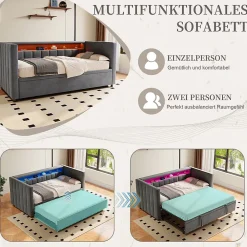 Okwish Lit Gigogne 90x190 cm avec Rangement, LED et Port USB Type-C, Design Capitonné en Velours Gris, pour Chambre d'Ado ou Invités* Lit Gigogne