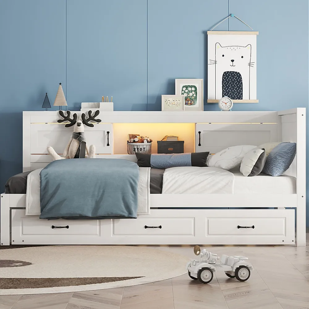 Lit gigogne 90x200 cm avec rangement latéral, LED télécommande et ports USB - sommier inclus - blanc - sans matelas>Okwish Clearance