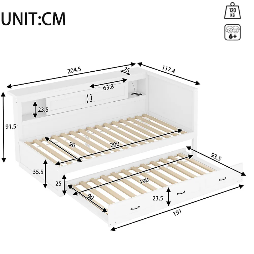 Lit gigogne 90x200 cm avec rangement latéral, LED télécommande et ports USB - sommier inclus - blanc - sans matelas>Okwish Clearance