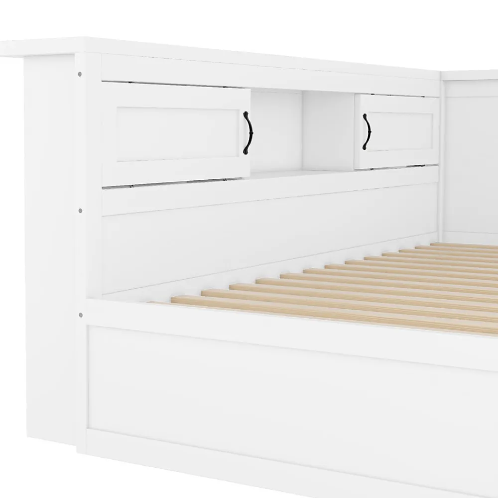Lit gigogne 90x200 cm avec rangement latéral, LED télécommande et ports USB - sommier inclus - blanc - sans matelas>Okwish Clearance