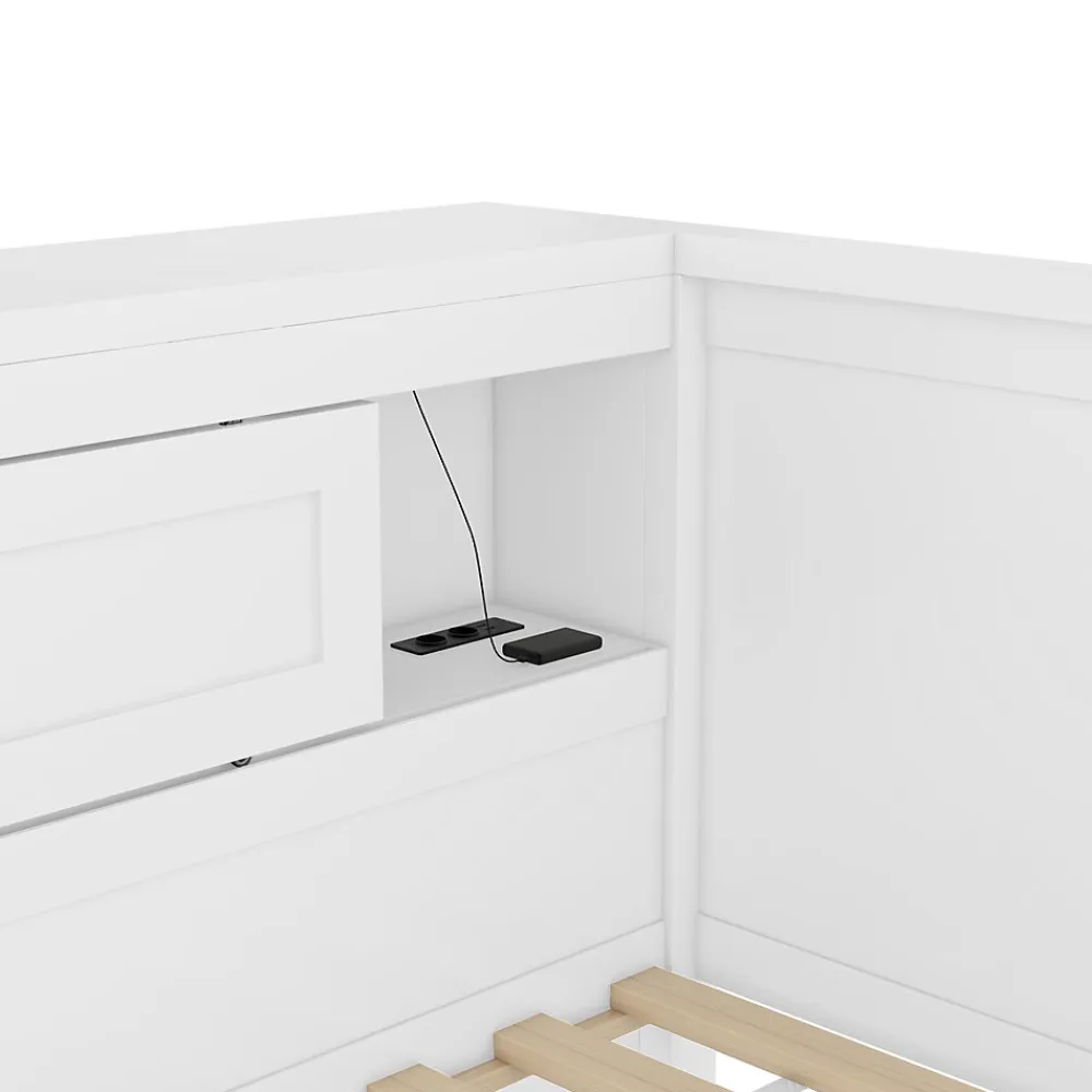 Lit gigogne 90x200 cm avec rangement latéral, LED télécommande et ports USB - sommier inclus - blanc - sans matelas>Okwish Clearance
