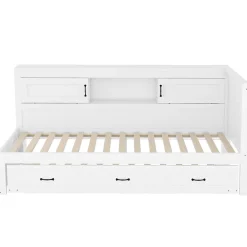 Lit gigogne 90x200 cm avec rangement latéral, LED télécommande et ports USB - sommier inclus - blanc - sans matelas><noscript><img width=