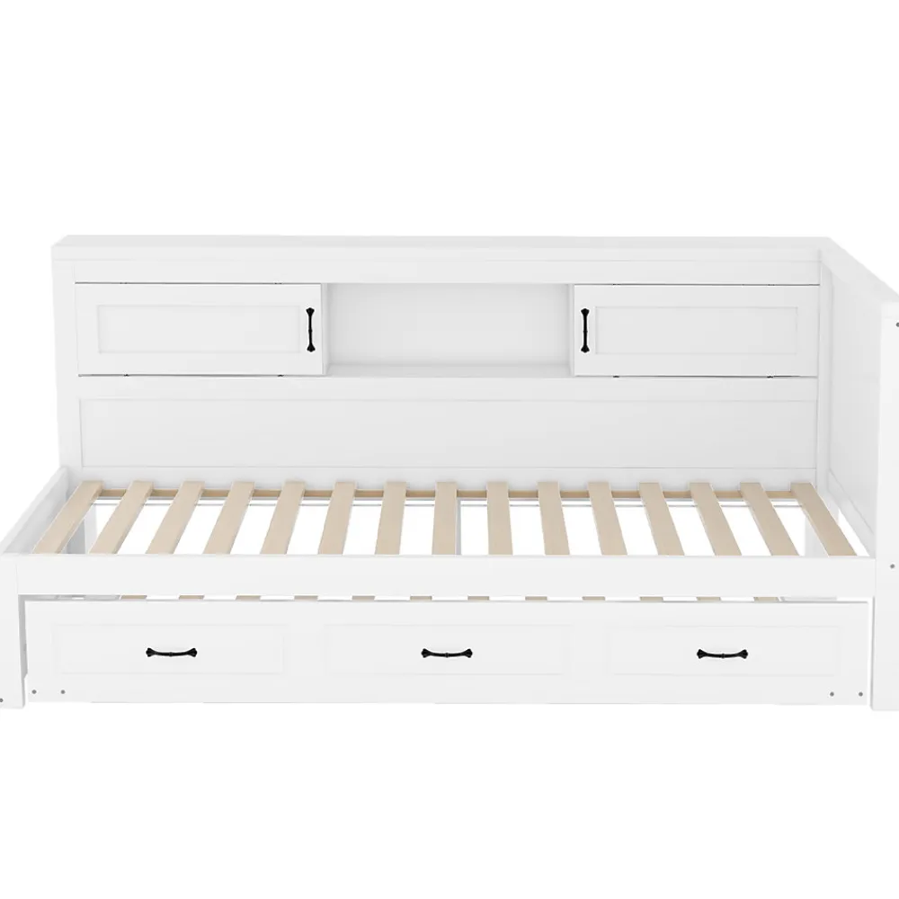 Lit gigogne 90x200 cm avec rangement latéral, LED télécommande et ports USB - sommier inclus - blanc - sans matelas>Okwish Clearance