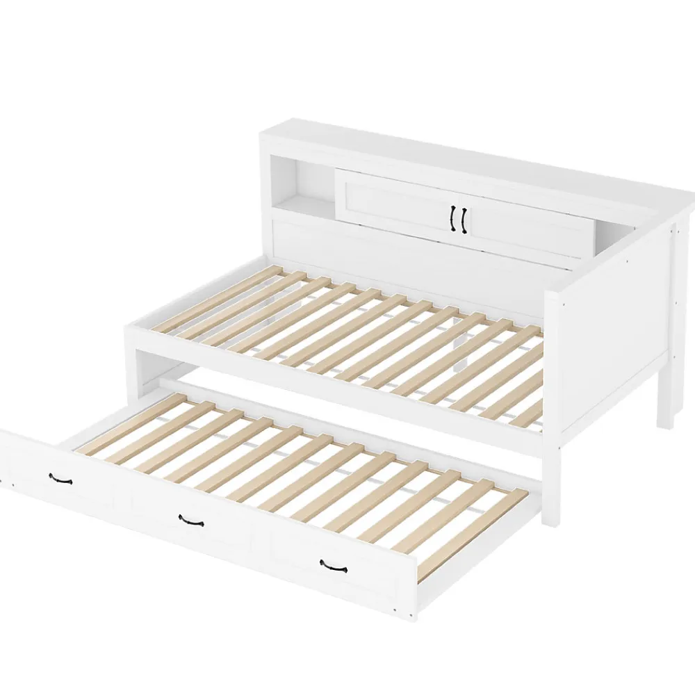Lit gigogne 90x200 cm avec rangement latéral, LED télécommande et ports USB - sommier inclus - blanc - sans matelas>Okwish Clearance