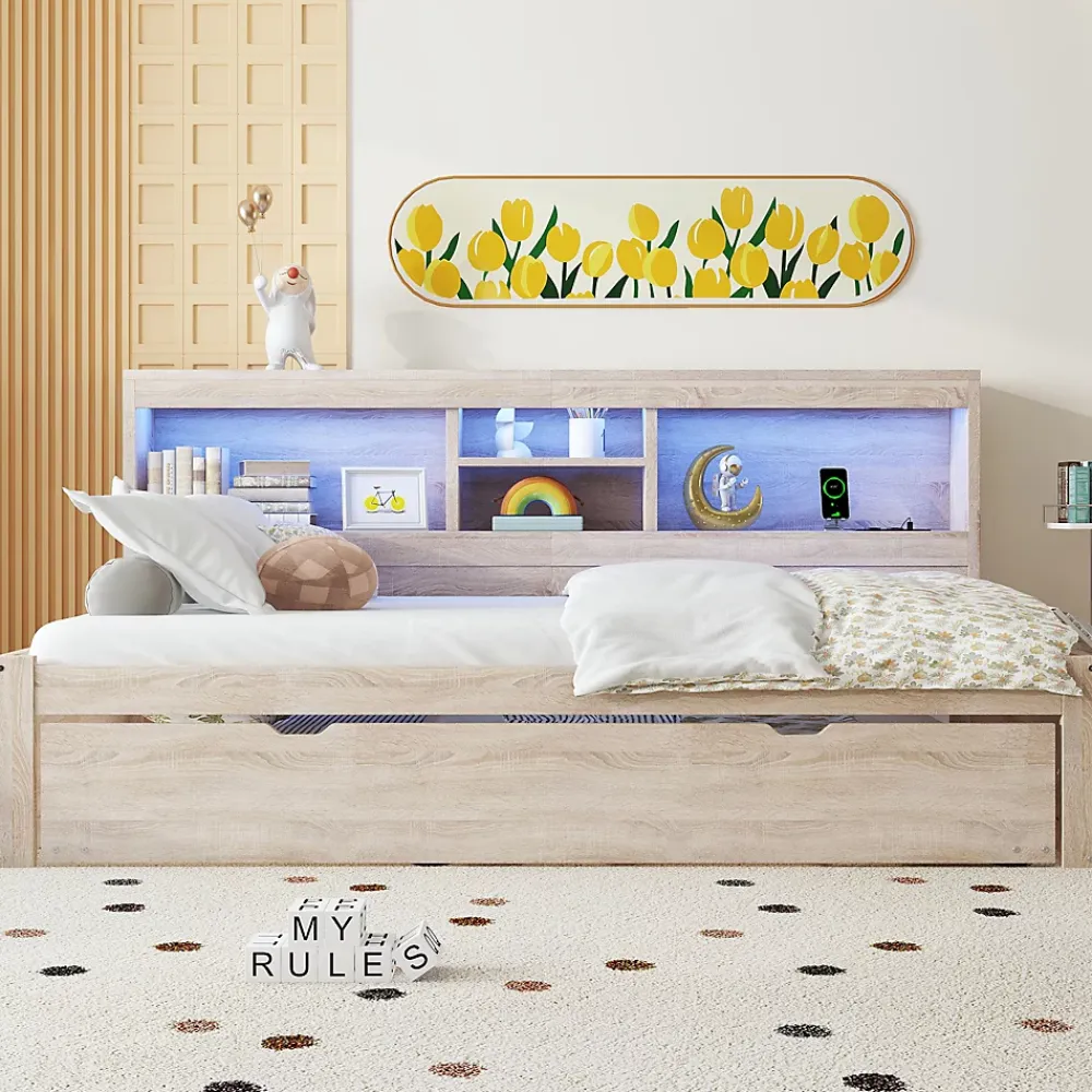 Okwish Lit gigogne 90x200 cm avec rangement latéral, LED télécommande et ports USB - sommier inclus - naturel - sans matelas* Lit Gigogne