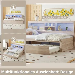 Okwish Lit gigogne 90x200 cm avec rangement latéral, LED télécommande et ports USB - sommier inclus - naturel - sans matelas* Lit Gigogne