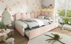 Okwish Lit Gigogne 90x200 cm avec Second Couchage - Design Moderne Gain de Place - Velours Rose - Sans Matelas* Lit Gigogne