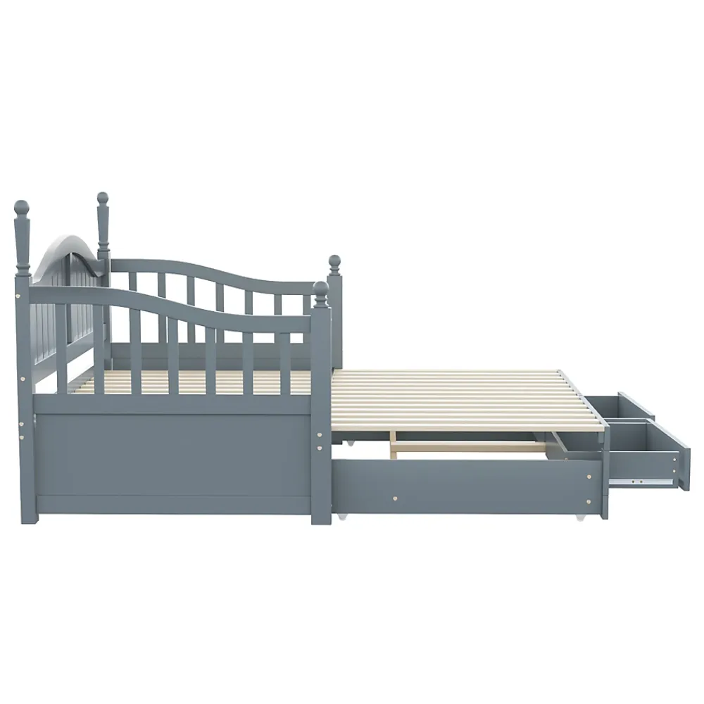 Okwish Lit Gigogne 90/180x200 cm avec Tiroirs et Sommier à Lattes Intégré, Lit Multifonction en Pin Massif, Gris* Lit Gigogne