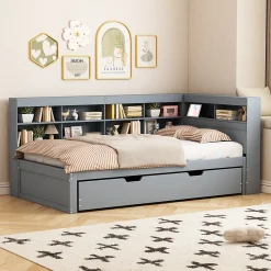 Okwish Lit Gigogne 90x200 cm avec Tiroir Gigogne 90x190 cm et Rangement, Lit Bois Multifonction avec USB Intégré, Gris* Lit Gigogne