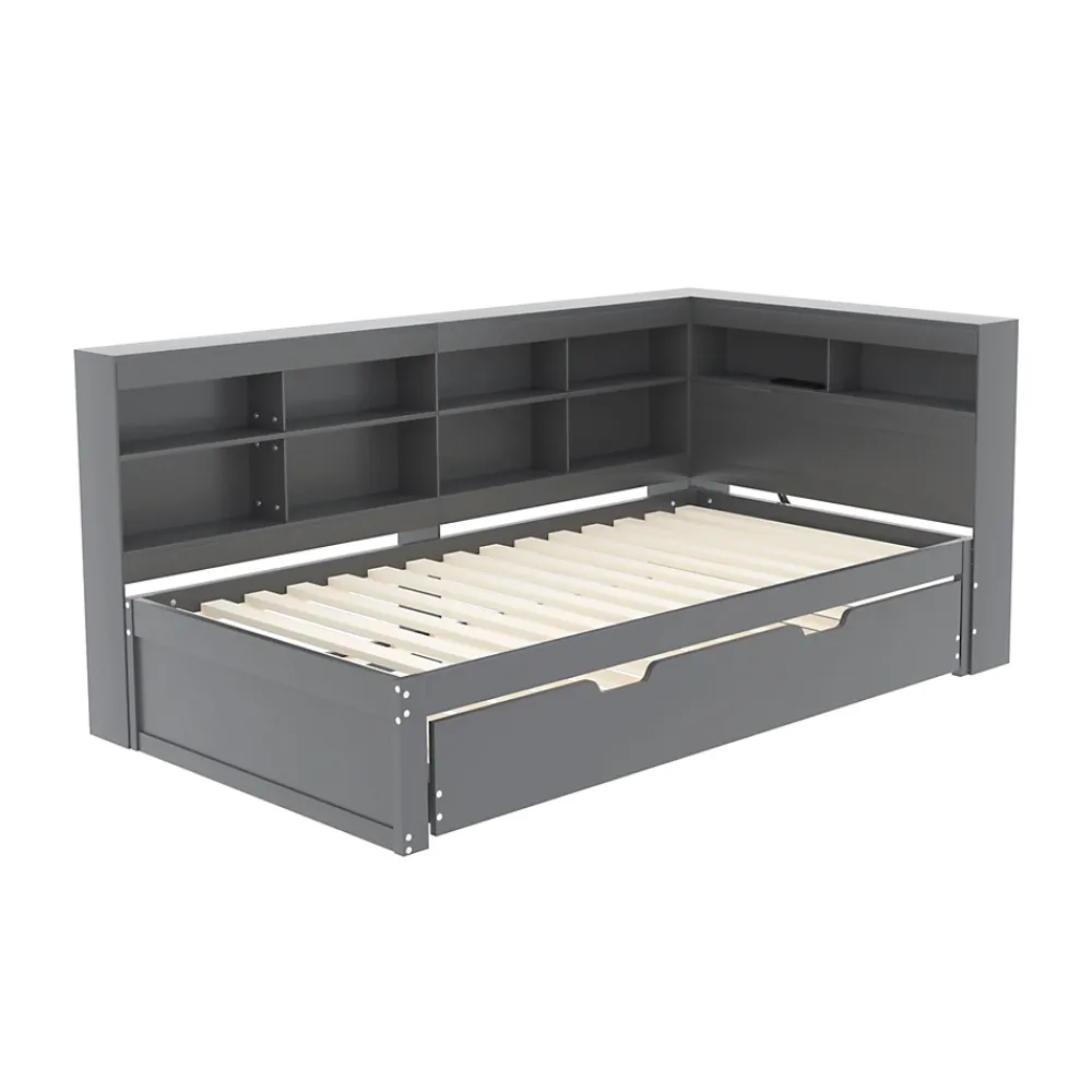 Okwish Lit Gigogne 90x200 cm avec Tiroir Gigogne 90x190 cm et Rangement, Lit Bois Multifonction avec USB Intégré, Gris* Lit Gigogne