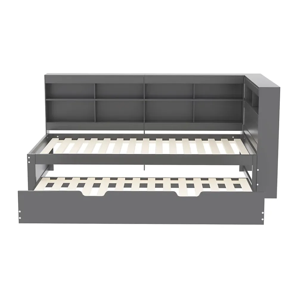 Okwish Lit Gigogne 90x200 cm avec Tiroir Gigogne 90x190 cm et Rangement, Lit Bois Multifonction avec USB Intégré, Gris* Lit Gigogne