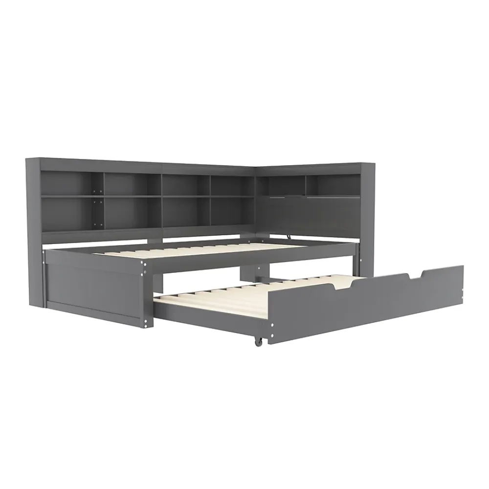Okwish Lit Gigogne 90x200 cm avec Tiroir Gigogne 90x190 cm et Rangement, Lit Bois Multifonction avec USB Intégré, Gris* Lit Gigogne