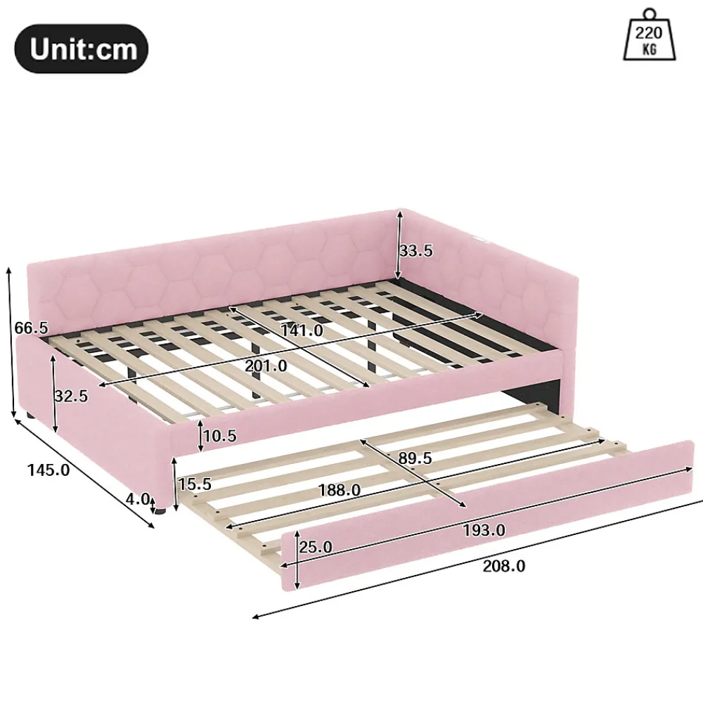Lit gigogne 140x200 cm avec tiroir, lampe intégrée et ports USB Type-C - 2 couchages gain de place - imitation laine rose>Okwish Discount