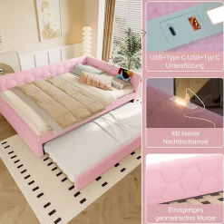 Lit gigogne 140x200 cm avec tiroir, lampe intégrée et ports USB Type-C - 2 couchages gain de place - imitation laine rose><noscript><img width=