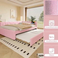 Lit gigogne 140x200 cm avec tiroir, lampe intégrée et ports USB Type-C - 2 couchages gain de place - imitation laine rose><noscript><img width=