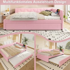 Lit gigogne 140x200 cm avec tiroir, lampe intégrée et ports USB Type-C - 2 couchages gain de place - imitation laine rose><noscript><img width=