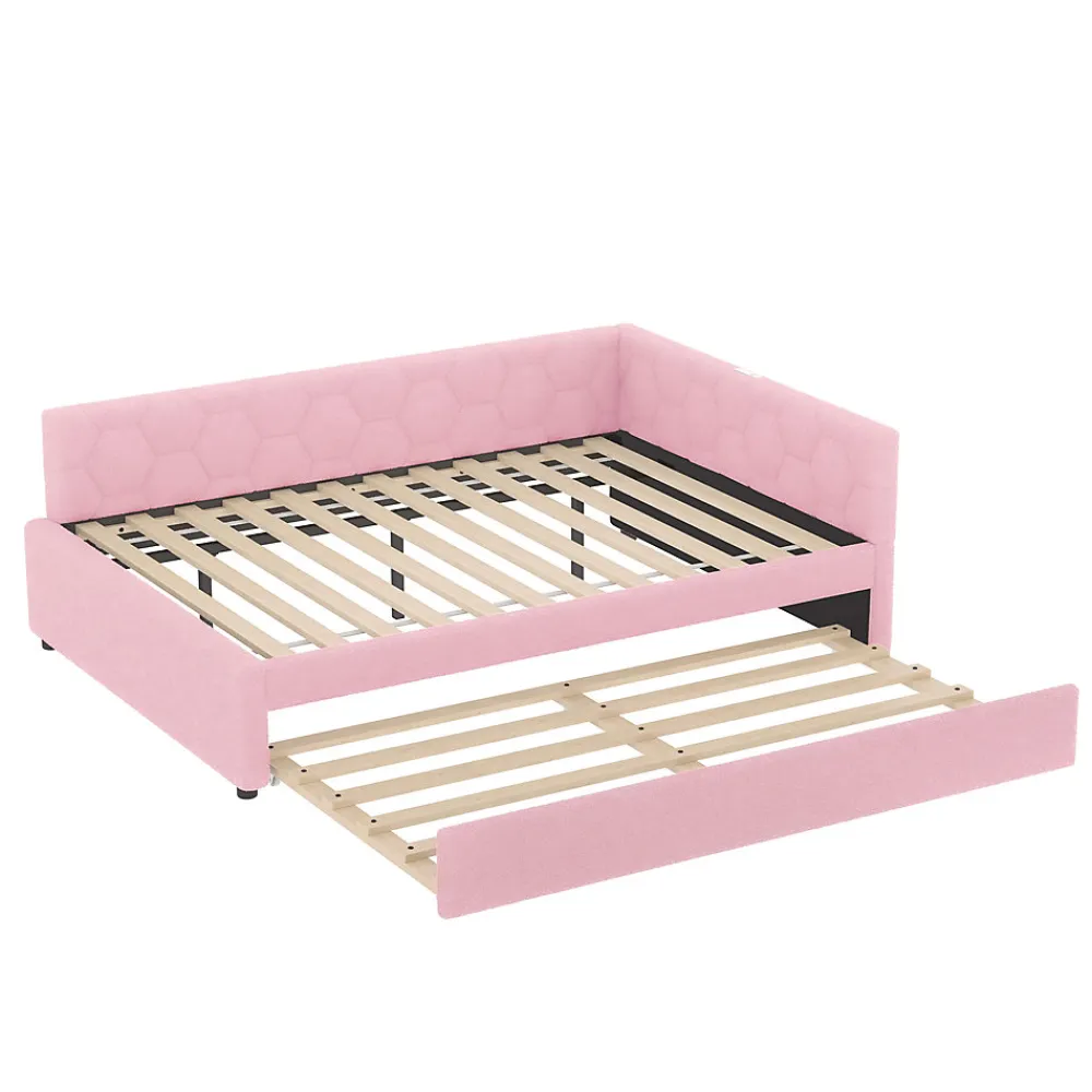 Lit gigogne 140x200 cm avec tiroir, lampe intégrée et ports USB Type-C - 2 couchages gain de place - imitation laine rose>Okwish Discount