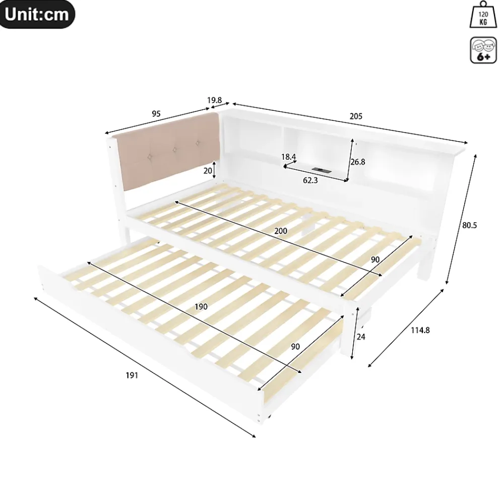 Okwish Lit gigogne 90x200 cm avec tiroir, étagère, bande LED et port USB - 2 couchages gain de place - pin et MDF blanc - sans matelas* Lit Gigogne