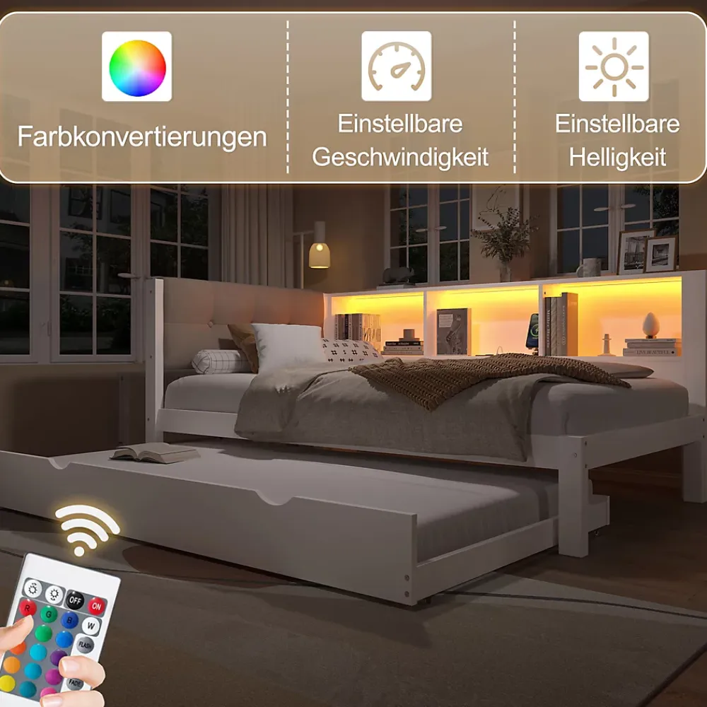 Okwish Lit gigogne 90x200 cm avec tiroir, étagère, bande LED et port USB - 2 couchages gain de place - pin et MDF blanc - sans matelas* Lit Gigogne