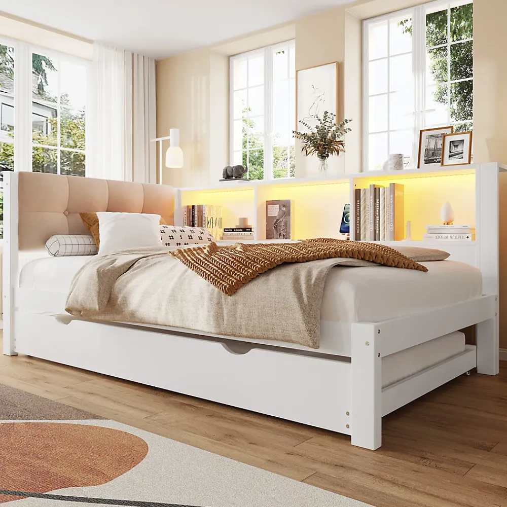 Okwish Lit gigogne 90x200 cm avec tiroir, étagère, bande LED et port USB - 2 couchages gain de place - pin et MDF blanc - sans matelas* Lit Gigogne