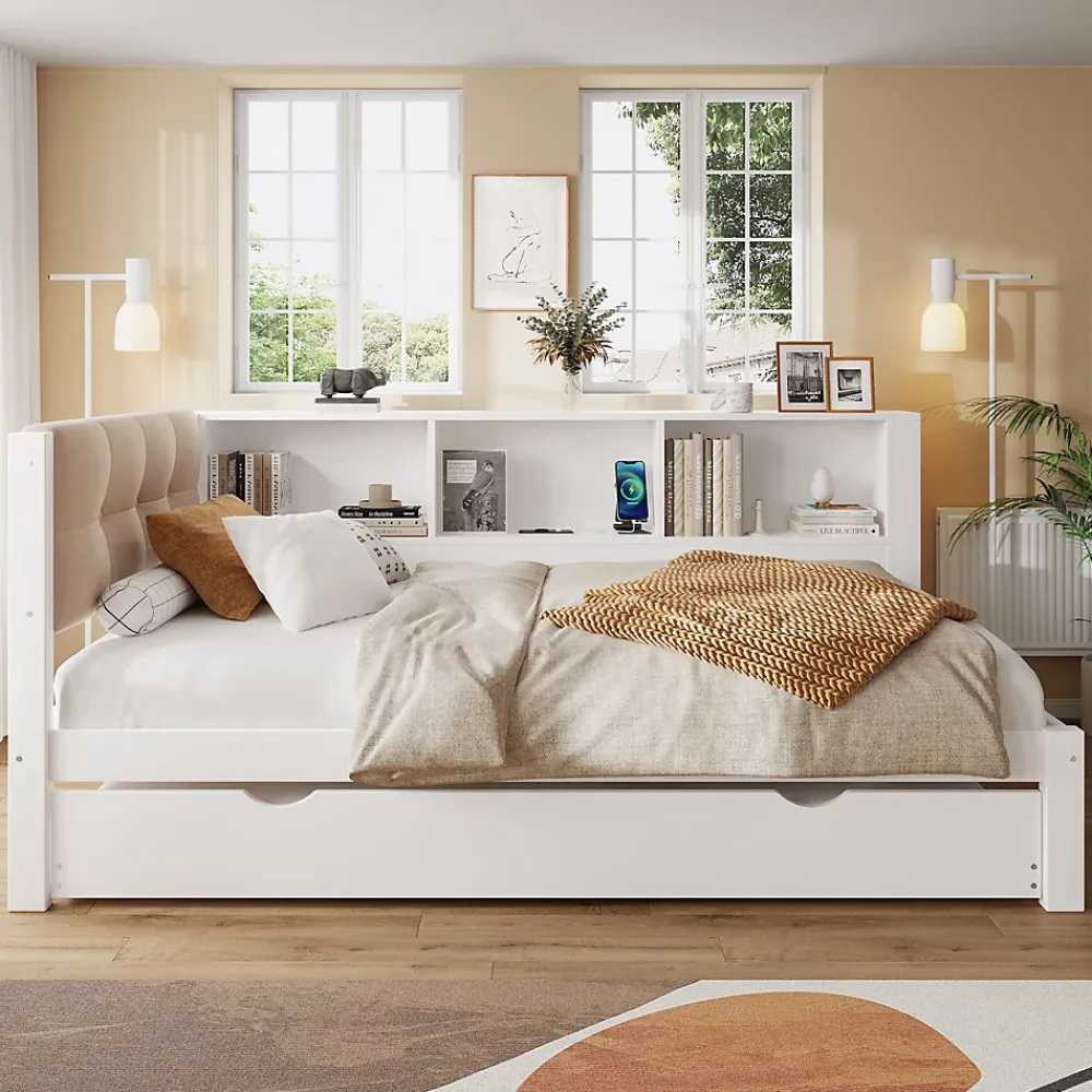 Okwish Lit gigogne 90x200 cm avec tiroir, étagère, bande LED et port USB - 2 couchages gain de place - pin et MDF blanc - sans matelas* Lit Gigogne