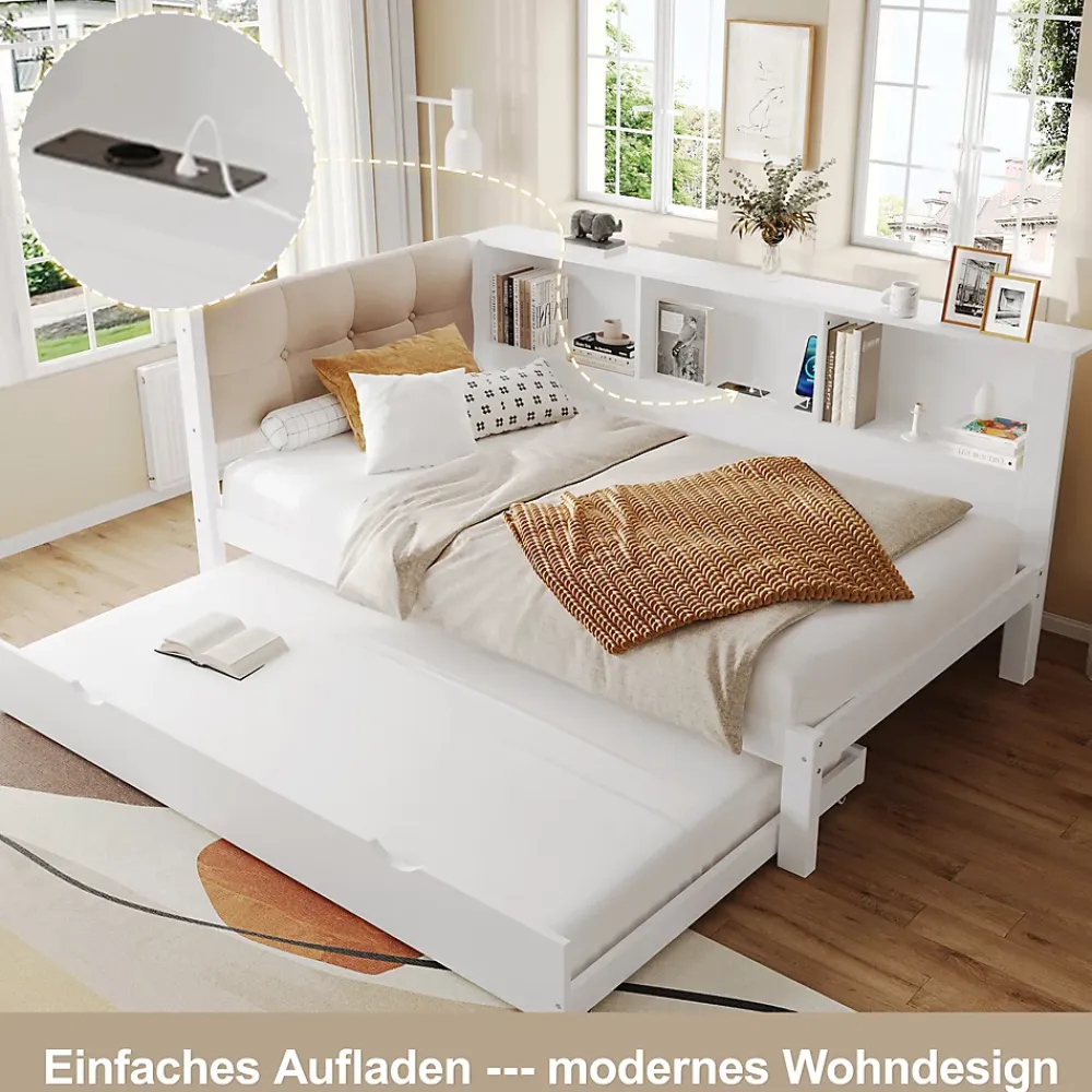 Okwish Lit gigogne 90x200 cm avec tiroir, étagère, bande LED et port USB - 2 couchages gain de place - pin et MDF blanc - sans matelas* Lit Gigogne