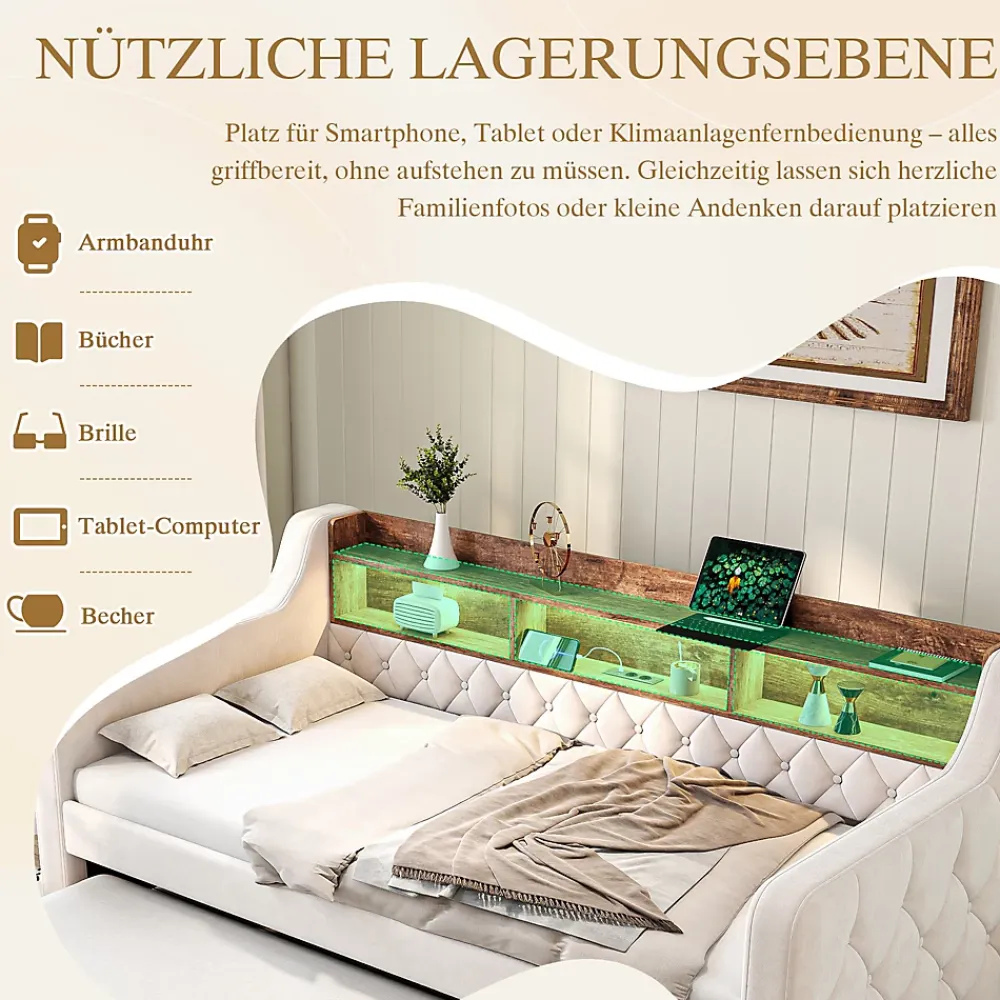 Okwish Lit Gigogne 90x190 cm Beige avec Rangement Intégré, Éclairage LED et Port USB, Tissu Velours* Lit Gigogne