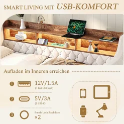 Okwish Lit Gigogne 90x190 cm Beige avec Rangement Intégré, Éclairage LED et Port USB, Tissu Velours* Lit Gigogne