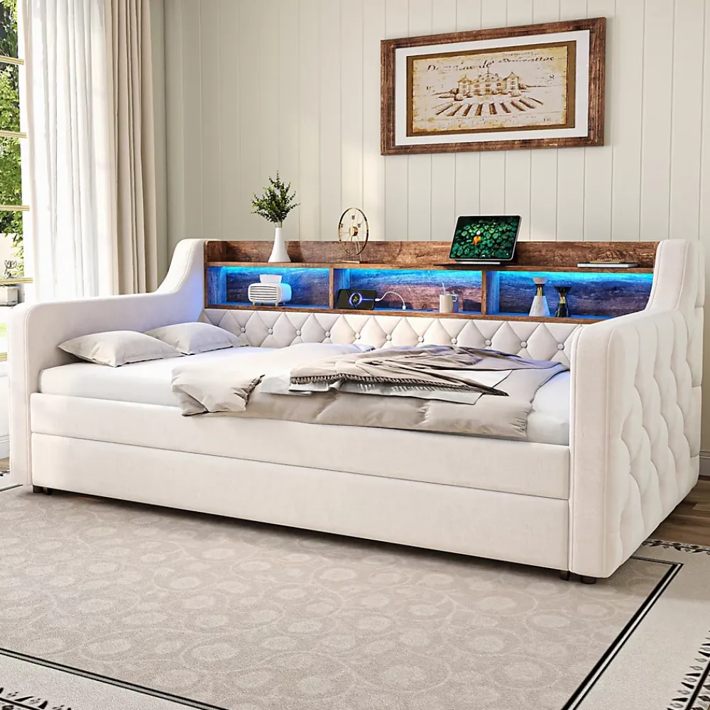 Okwish Lit Gigogne 90x190 cm Beige avec Rangement Intégré, Éclairage LED et Port USB, Tissu Velours* Lit Gigogne