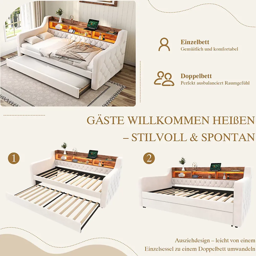 Okwish Lit Gigogne 90x190 cm Beige avec Rangement Intégré, Éclairage LED et Port USB, Tissu Velours* Lit Gigogne